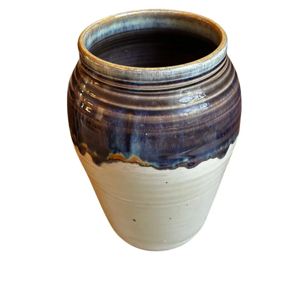 Vintage signed studio pottery vase stoneware blue drip glaze country farmhouse